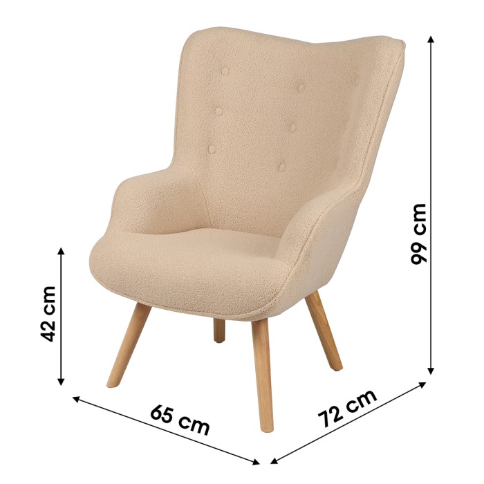 Fauteuil de salon en tissu teddy beige avec pieds en bois collection ENJOY. Style Scandinave