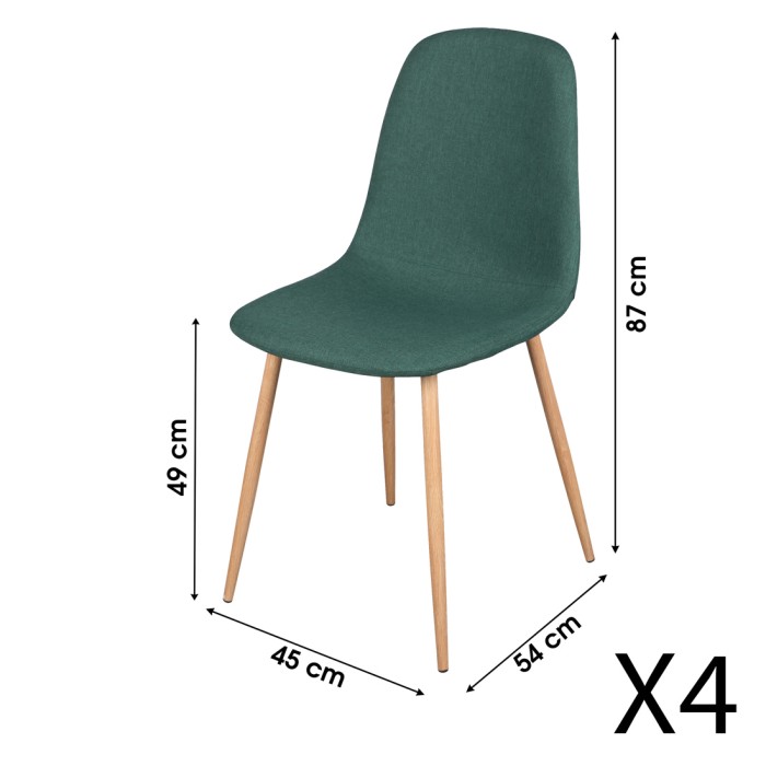 Lot de 4 chaises en tissu vert avec pieds en métal effet bois – Dimensions 45x87x54 cm, hauteur d'assise 49 cm – NORDICA