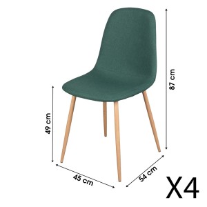 Lot de 4 chaises en tissu vert avec pieds en métal effet bois – Dimensions 45x87x54 cm, hauteur d'assise 49 cm – NORDICA