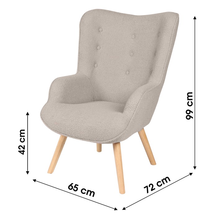 Fauteuil de salon en tissu teddy gris avec pieds en bois collection ENJOY. Style scandinave