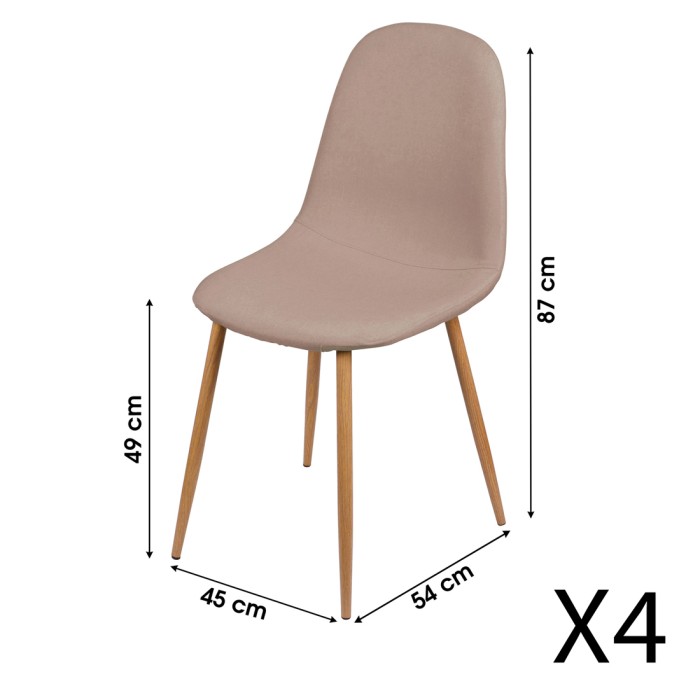 Lot de 4 chaises en tissu taupe avec pieds en métal effet bois – 45x87x54 cm, hauteur d'assise 49 cm – Collection NORDICA