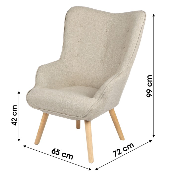 Fauteuil de salon en tissu beige avec pieds en bois collection ENJOY. Style scandinave