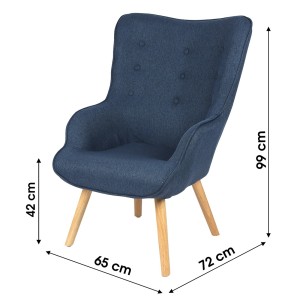 Fauteuil de salon en tissu bleu denim avec pieds en bois collection ENJOY. Style scandinave