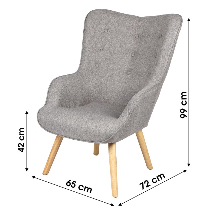 Fauteuil de salon en tissu gris clair avec pieds en bois collection ENJOY. Style scandinave
