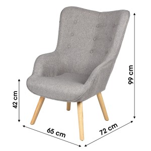 Fauteuil de salon en tissu gris clair avec pieds en bois collection ENJOY. Style scandinave