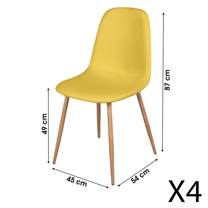 Lot de 4 chaises en tissu jaune moutarde avec pieds en métal effet bois – 45x87x54 cm– Collection NORDICA