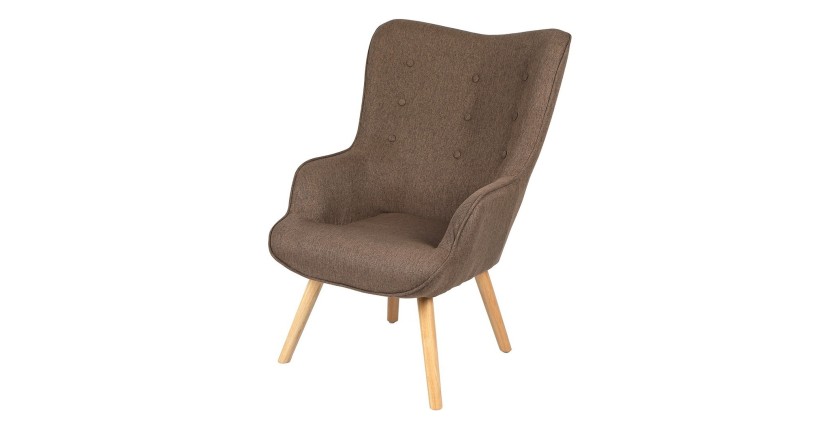 Fauteuil de salon en tissu coloris taupe avec pieds en bois collection ENJOY. Style scandinave