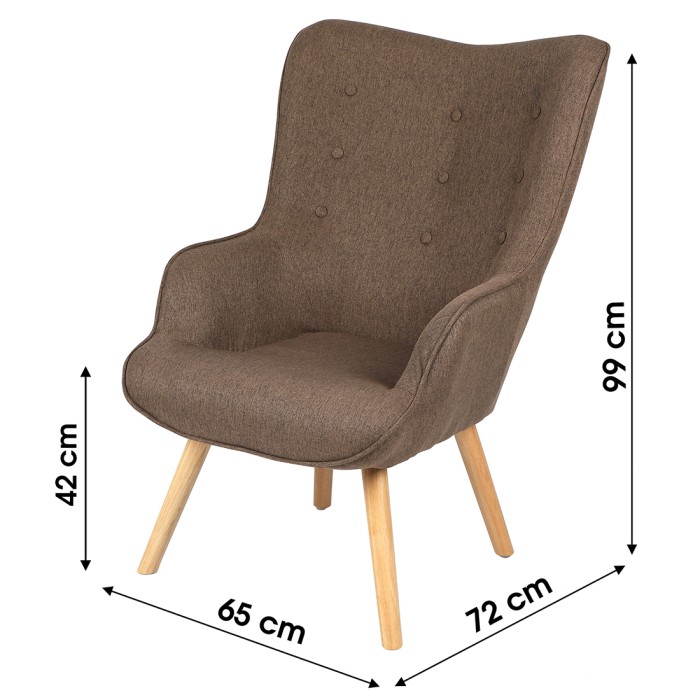 Fauteuil de salon en tissu coloris taupe avec pieds en bois collection ENJOY. Style scandinave