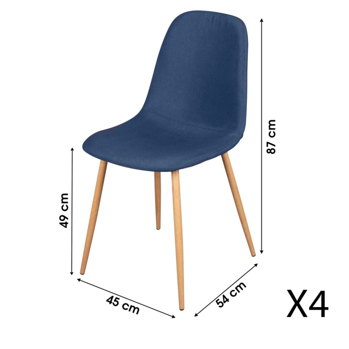 Lot de 4 chaises en tissu bleu avec pieds en métal effet bois – 45x87x54 cm, hauteur d'assise 49 cm – Collection NORDICA