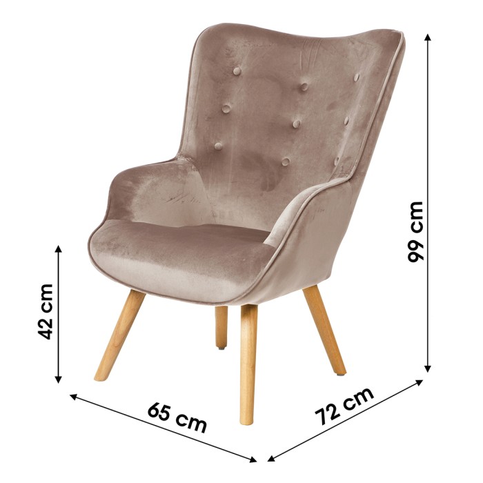 Fauteuil de salon en velours beige avec pieds en bois collection ENJOY. Style scandinave
