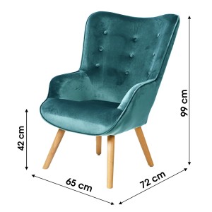 Fauteuil de salon en velours bleu canard avec pieds en bois collection ENJOY. Style scandinave