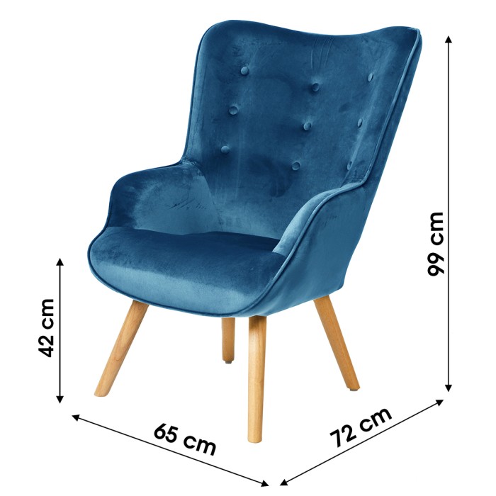 Fauteuil de salon en velours bleu nuit avec pieds en bois collection ENJOY. Style scandinave