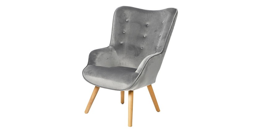 Fauteuil de salon en velours gris clair avec pieds en bois collection ENJOY. Style scandinave