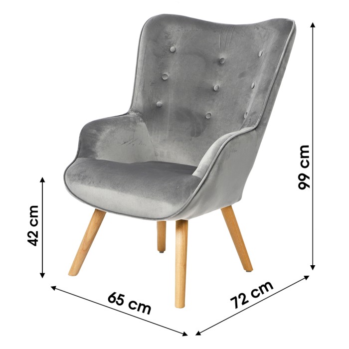 Fauteuil de salon en velours gris clair avec pieds en bois collection ENJOY. Style scandinave