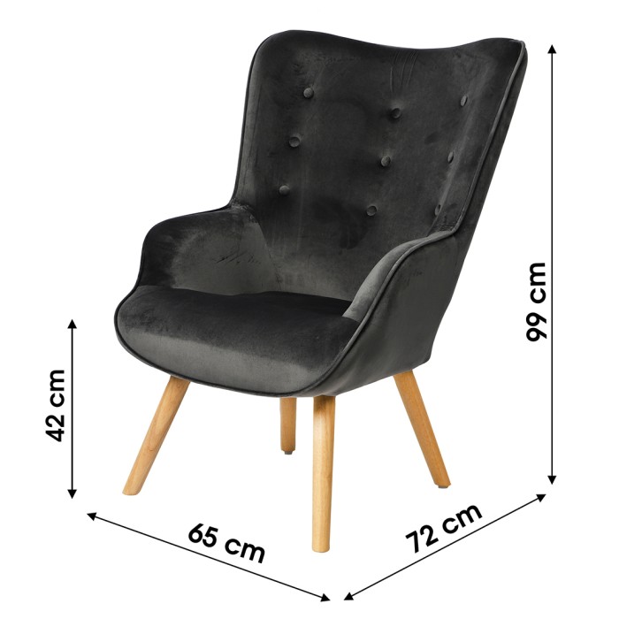 Fauteuil de salon en velours gris foncé avec pieds en bois collection ENJOY. Style scandinave