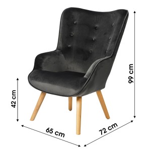 Fauteuil de salon en velours gris foncé avec pieds en bois collection ENJOY. Style scandinave