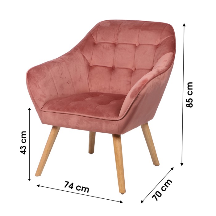 Fauteuil en velours rose avec pieds en bois – 74x70xH85 cm, hauteur d'assise 43 cm – Collection VELUREA