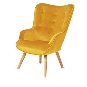 Fauteuil de salon en velours jaune moutarde avec pieds en bois collection ENJOY. Style scandinave