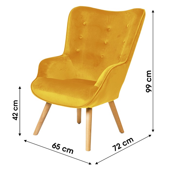Fauteuil de salon en velours jaune moutarde avec pieds en bois collection ENJOY. Style scandinave
