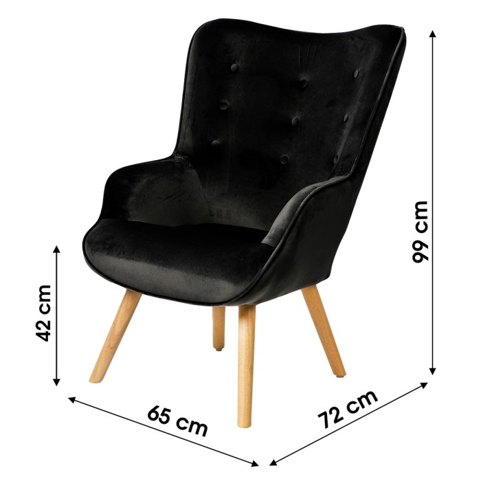 Fauteuil de salon en velours noir avec pieds en bois collection ENJOY. Style scandinave