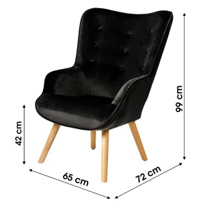 Fauteuil de salon en velours noir avec pieds en bois collection ENJOY. Style scandinave