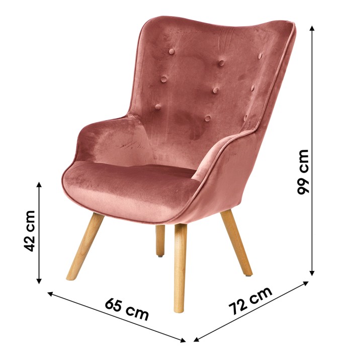 Fauteuil de salon en velours rose avec pieds en bois collection ENJOY. Style scandinave