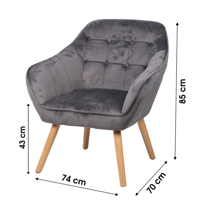 Fauteuil en velours gris avec pieds en bois – 74x70xH85 cm, hauteur d'assise 43 cm – Collection VELUREA