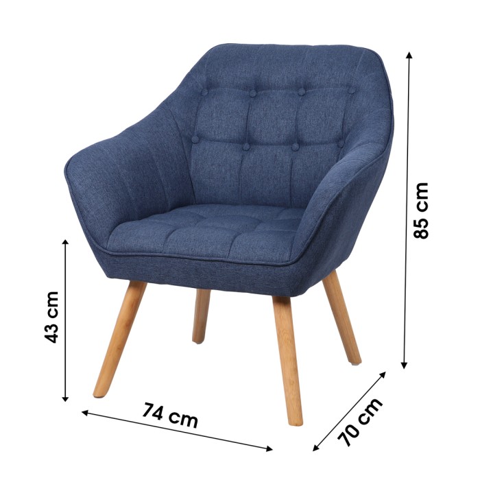 Fauteuil en tissu bleu avec pieds en bois – 74x70xH85 cm, hauteur d'assise 43 cm – Collection ARCTIKA