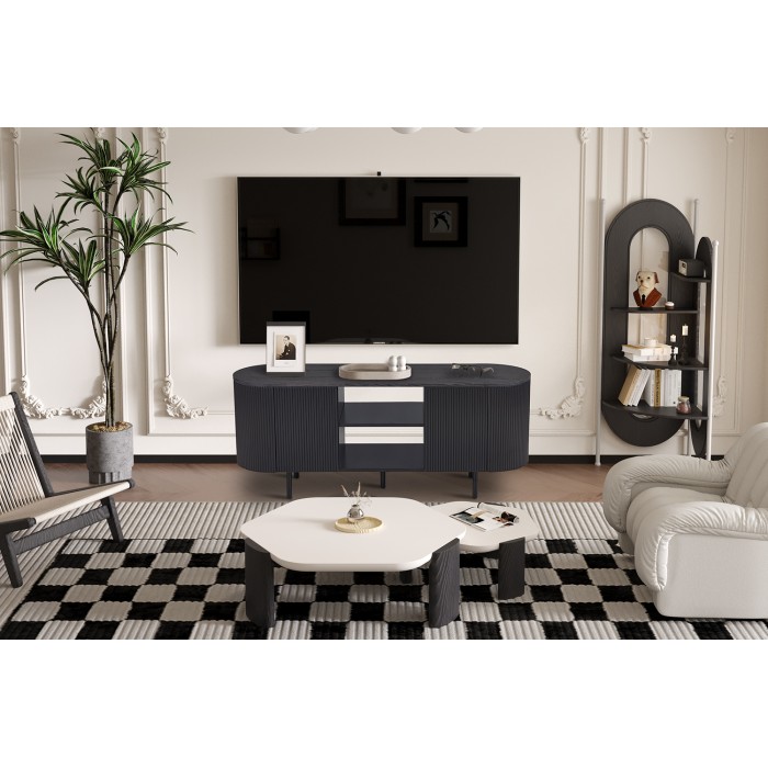 Meuble TV VAGOS – Coloris brun foncé – Meuble TV arrondi – 2 portes & 2 niches – 140 cm – Design compact