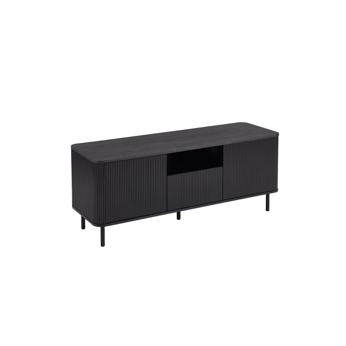 Meuble TV VAGOS – 1 niche, 1 tiroir, 2 portes, 3 passes câbles – L140 x H56 x P45 cm – Brun foncé – Design moderne