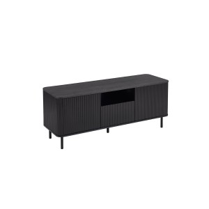 Meuble TV VAGOS – 1 niche, 1 tiroir, 2 portes, 3 passes câbles – L140 x H56 x P45 cm – Brun foncé – Design moderne