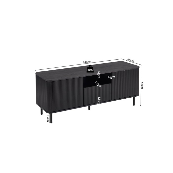 Meuble TV VAGOS – 1 niche, 1 tiroir, 2 portes, 3 passes câbles – L140 x H56 x P45 cm – Brun foncé – Design moderne