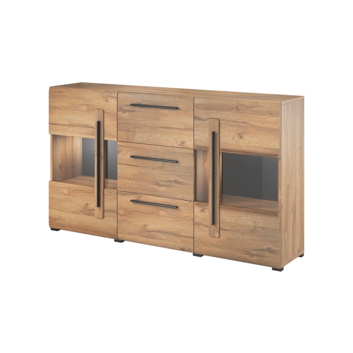 Buffet 180cm collection BREDA deux portes partiellement vitrées et trois tiroirs. Coloris Chêne