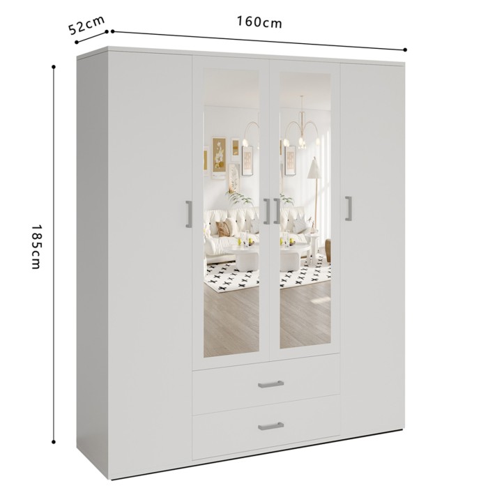 Armoire 4 portes avec 2 miroirs TOM – Dimensions H185 x L160 x P52 cm – Coloris blanc – Style design