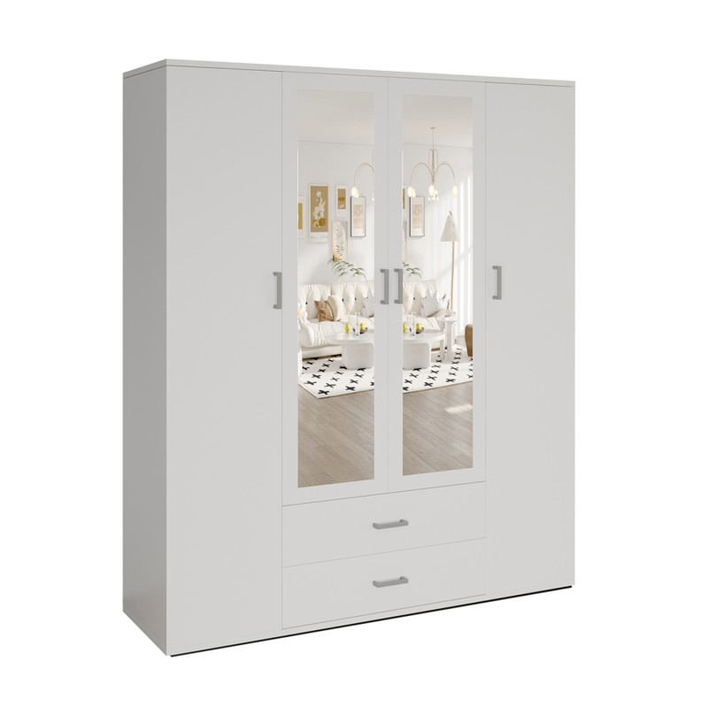 Armoire 4 portes avec 2 miroirs TOM – Dimensions H185 x L160 x P52 cm – Coloris blanc – Style design