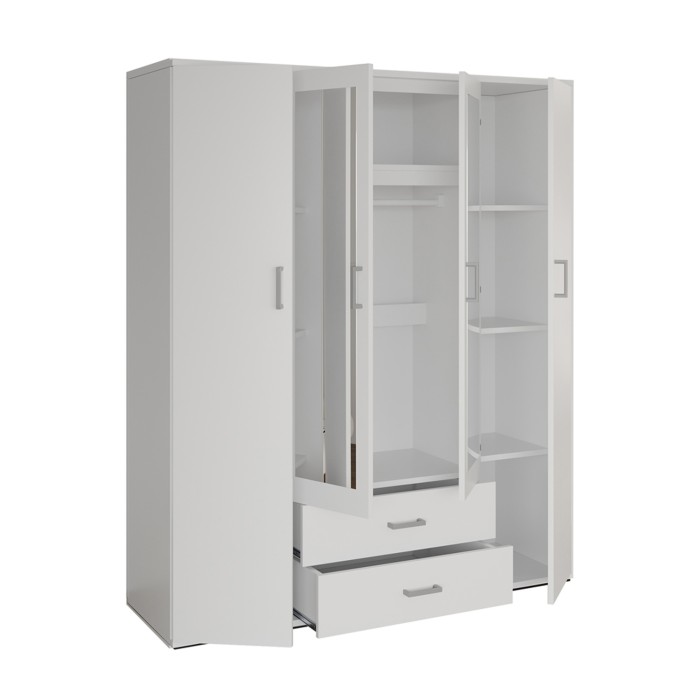 Armoire 4 portes avec 2 miroirs TOM – Dimensions H185 x L160 x P52 cm – Coloris blanc – Style design