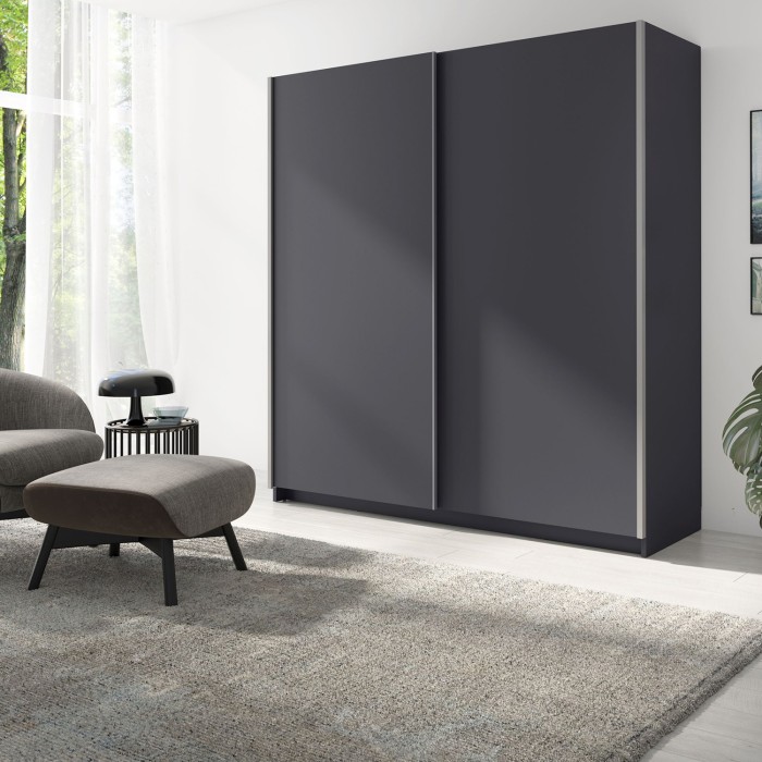 Armoire 2 portes coulissantes - Collection GOZU - Coloris gris graphite - 150 x 198 x 62 cm