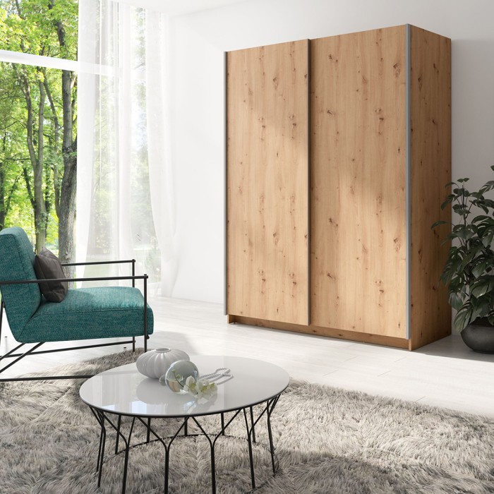 Armoire 2 portes coulissantes - Collection GOZU - Coloris chêne artisan - 150 x 198 x 62 cm