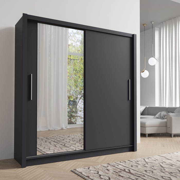 Armoire 2 portes coulissantes avec miroir 155 cm - gris graphite - Collection OZZULA