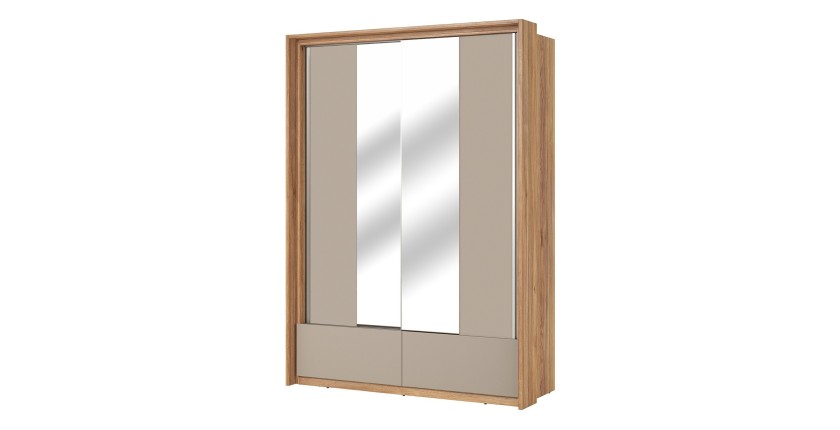 Armoire 2 portes avec miroirs, 2 tiroirs, penderie et 5 étagères coloris chêne et beige – Collection VOX