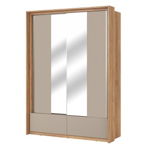 Armoire 2 portes avec miroirs, 2 tiroirs, penderie et 5 étagères coloris chêne et beige – Collection VOX