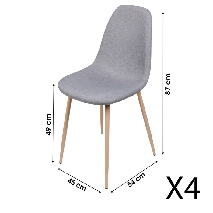 Lot de 4 chaises en tissu gris clair avec pieds en métal effet bois – 45x87x54 cm, hauteur d'assise 49 cm – Collection NORDICA