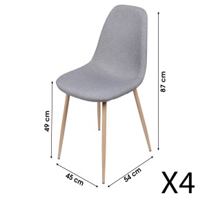 Lot de 4 chaises en tissu gris clair avec pieds en métal effet bois – 45x87x54 cm, hauteur d'assise 49 cm – Collection NORDICA