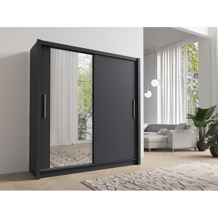 Armoire 2 portes coulissantes avec miroir - 205 cm - gris graphite - collection OZZULA