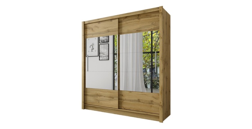 Armoire, garde-robe ROME 180 cm deux portes avec miroir, dressing complet avec penderie et étagéres, chêne wotan