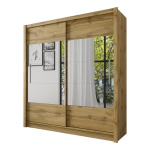 Armoire, garde-robe ROME 180 cm deux portes avec miroir, dressing complet avec penderie et étagéres, chêne wotan