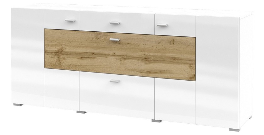 Buffet 165cm collection KOBEE 3 portes et 2 tiroirs. Couleur blanc et chêne.