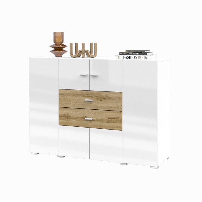 Buffet petit modèle 120cm collection KOBEE 2 portes et 2 tiroirs. Couleur blanc et chêne.