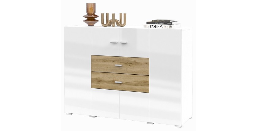 Buffet petit modèle 120cm collection KOBEE 2 portes et 2 tiroirs. Couleur blanc et chêne.
