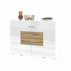 Buffet petit modèle 120cm collection KOBEE 2 portes et 2 tiroirs. Couleur blanc et chêne.